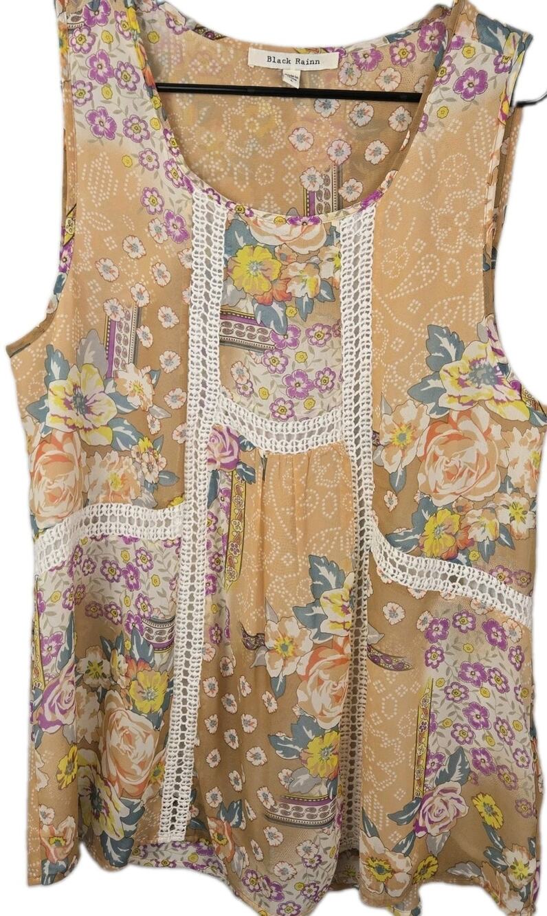 Black Rain Tunic Blouse Women Sz LARGE Lined Natural Floral Crochet ART 2 WEAR